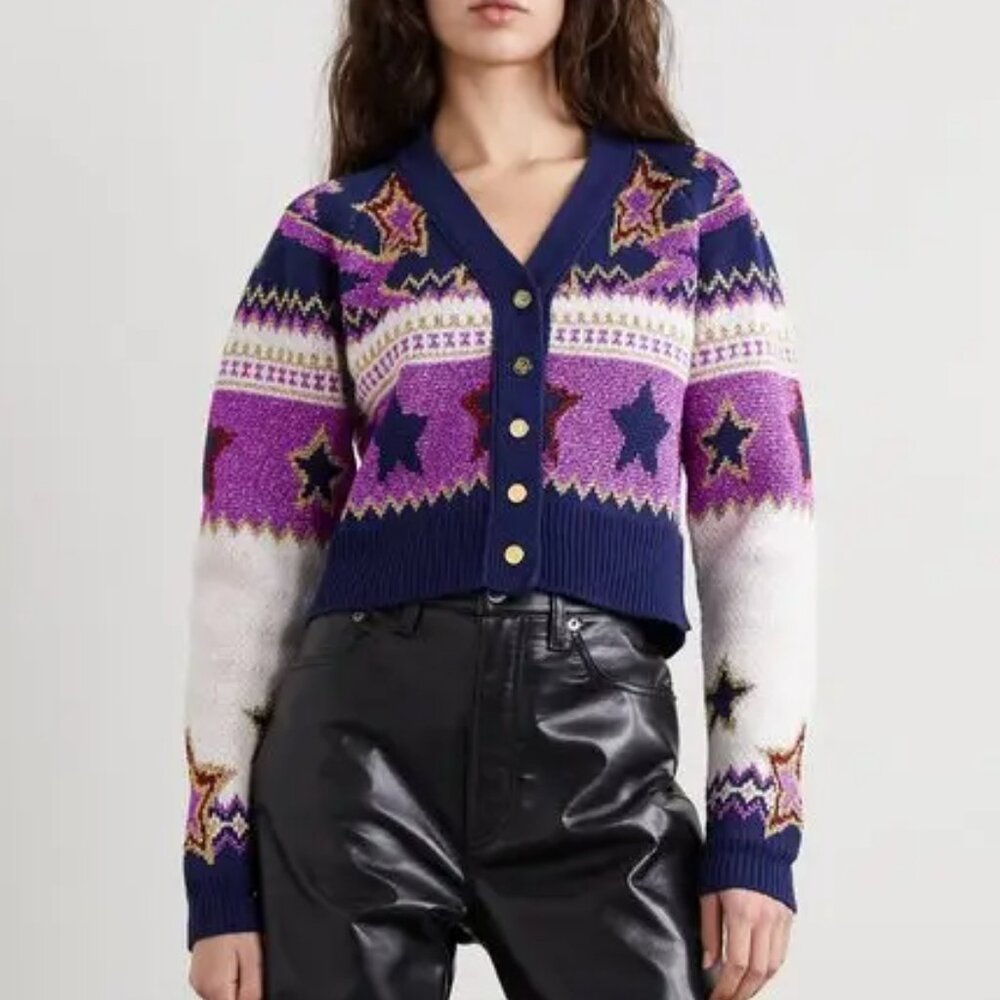 RABANNE Stardust Fair Isle Cardigan Luxe cropped metallic Star Dreamy Sweater M